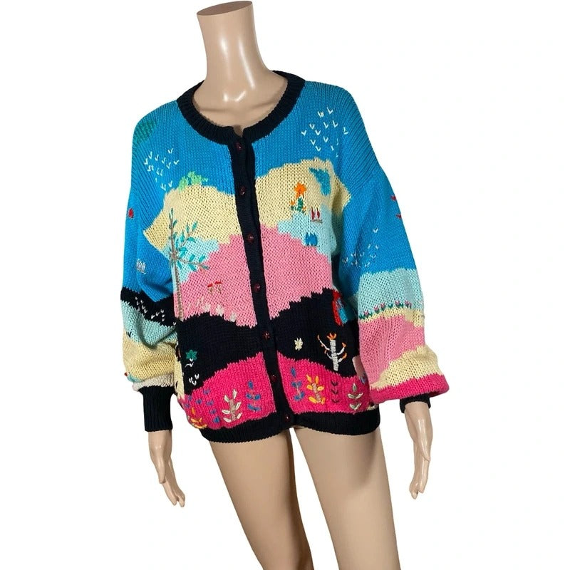 Cardigan vintage anni 70 scena   handmade multicolore con ricami – Taglia M/L