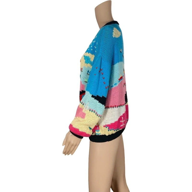 Cardigan vintage anni 70 scena   handmade multicolore con ricami – Taglia M/L