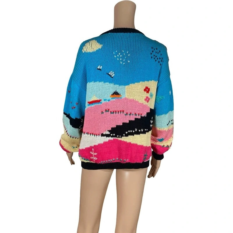 Cardigan vintage anni 70 scena   handmade multicolore con ricami – Taglia M/L