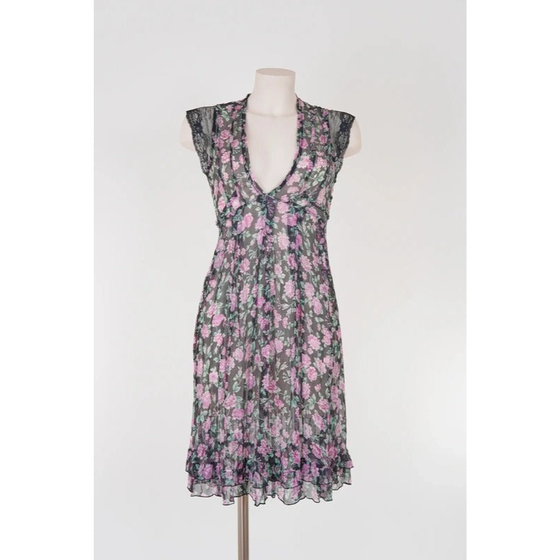 Vestito copricostume floreale seta velata vintage con inserti in pizzo nero S/M