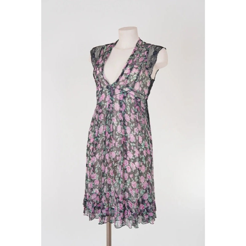 Vestito copricostume floreale seta velata vintage con inserti in pizzo nero S/M