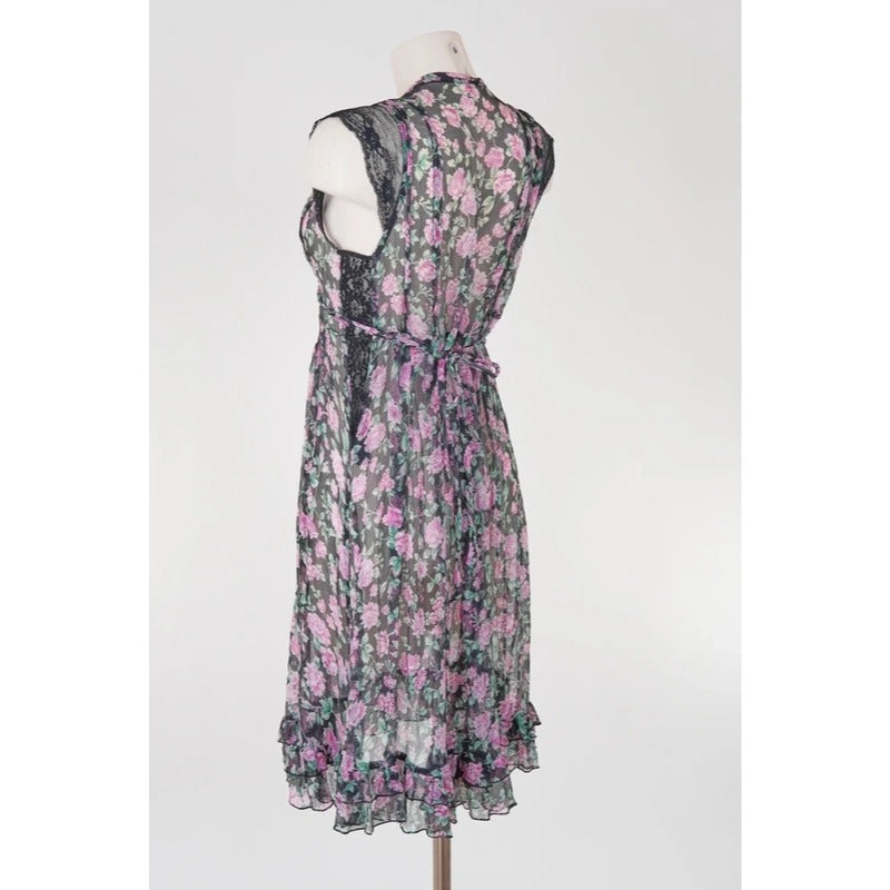 Vestito copricostume floreale seta velata vintage con inserti in pizzo nero S/M