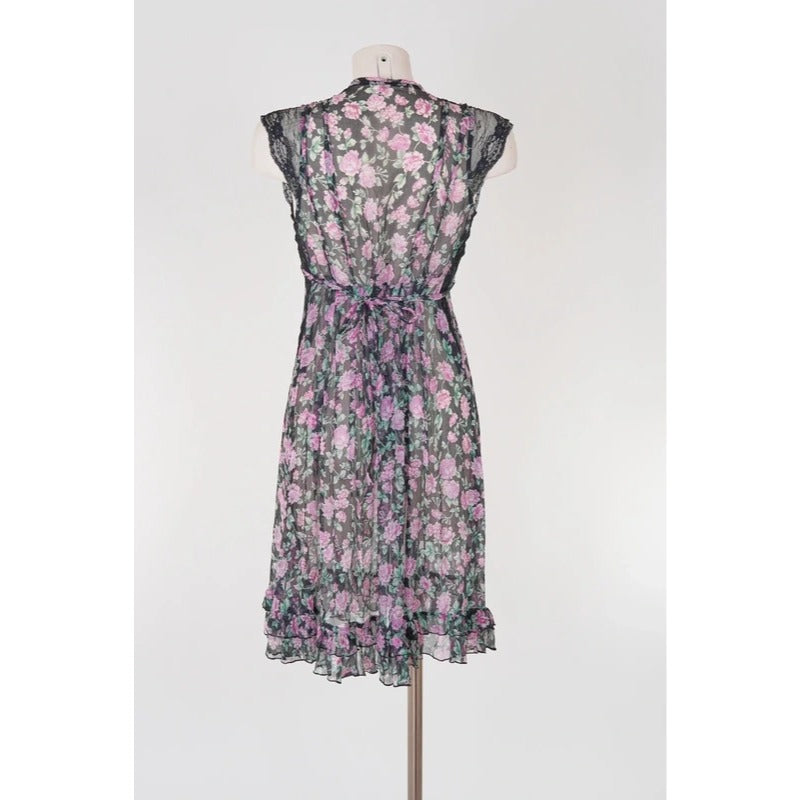 Vestito copricostume floreale seta velata vintage con inserti in pizzo nero S/M