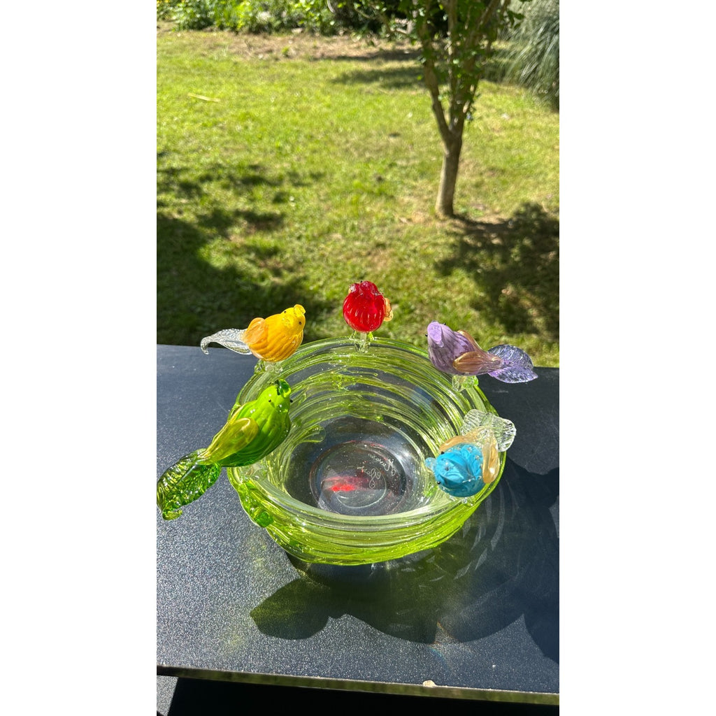 Murano Glass Green Bird Bath /Nest Bowl 5 Multicolor Removable Songbirds