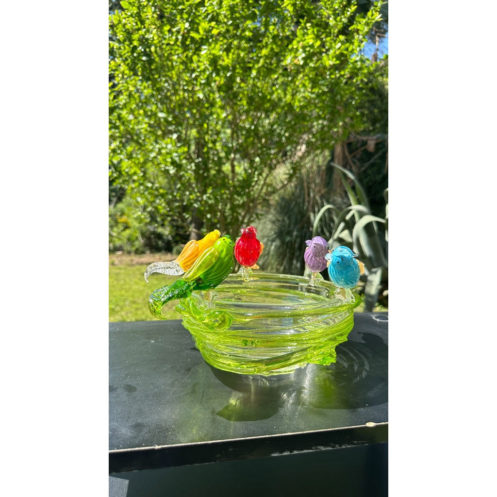 Murano Glass Green Bird Bath /Nest Bowl 5 Multicolor Removable Songbirds
