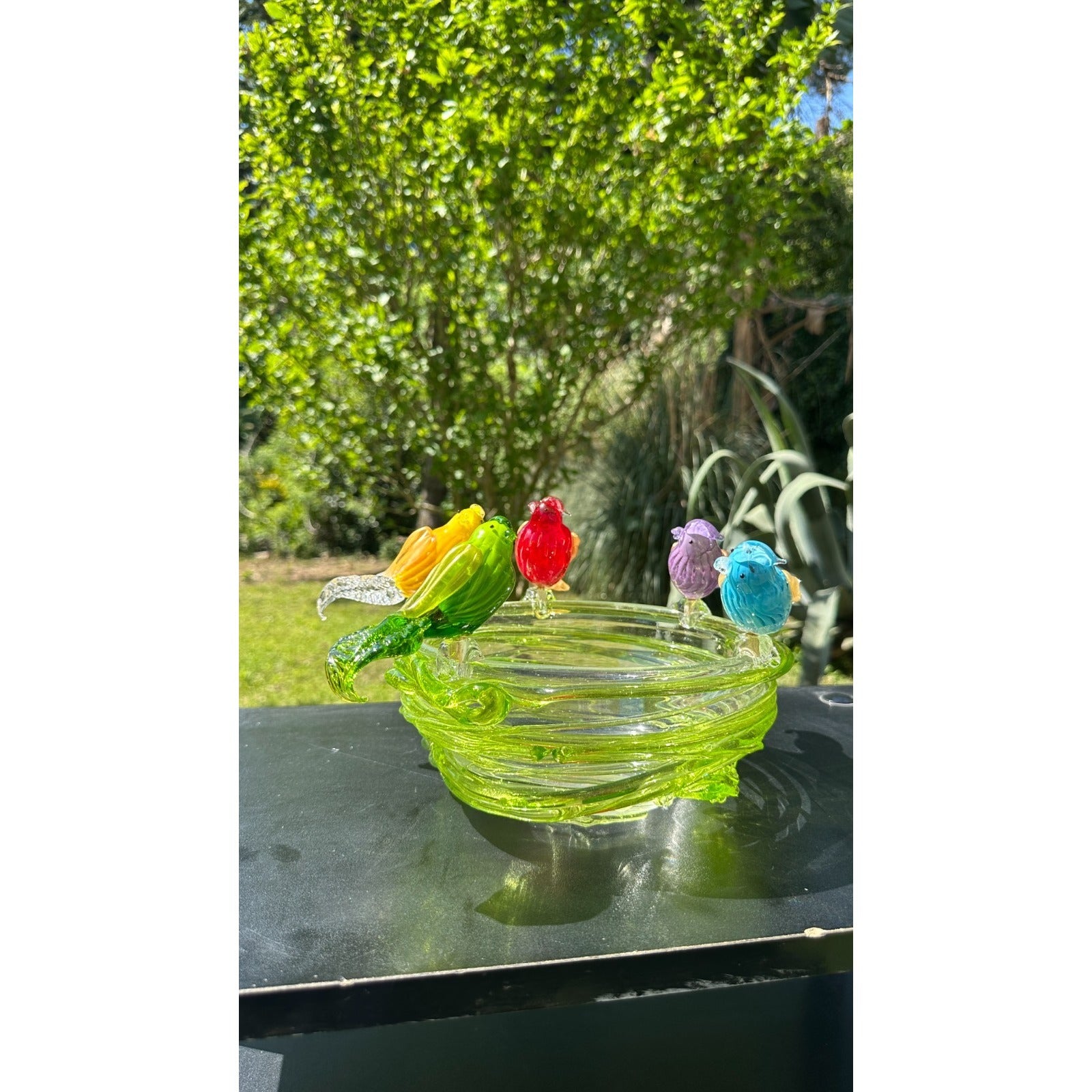 Murano Glass Green Bird Bath /Nest Bowl 5 Multicolor Removable Songbirds