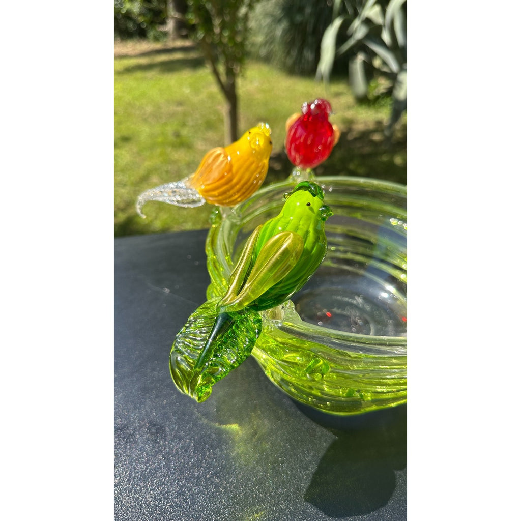 Murano Glass Green Bird Bath /Nest Bowl 5 Multicolor Removable Songbirds