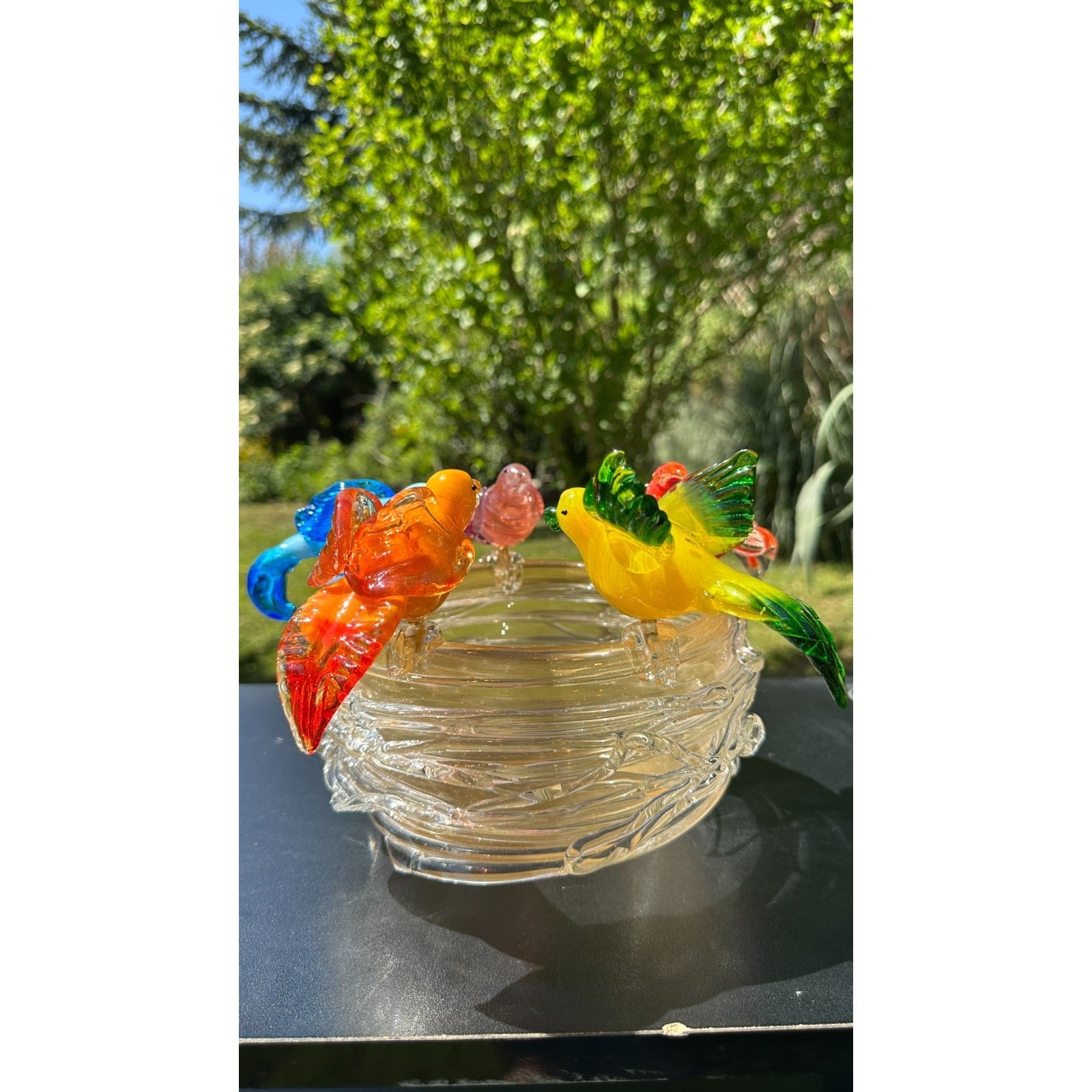 Murano Glass Bird Bath Nest Bowl 5 Multicolor Removable Songbirds Centerpiece