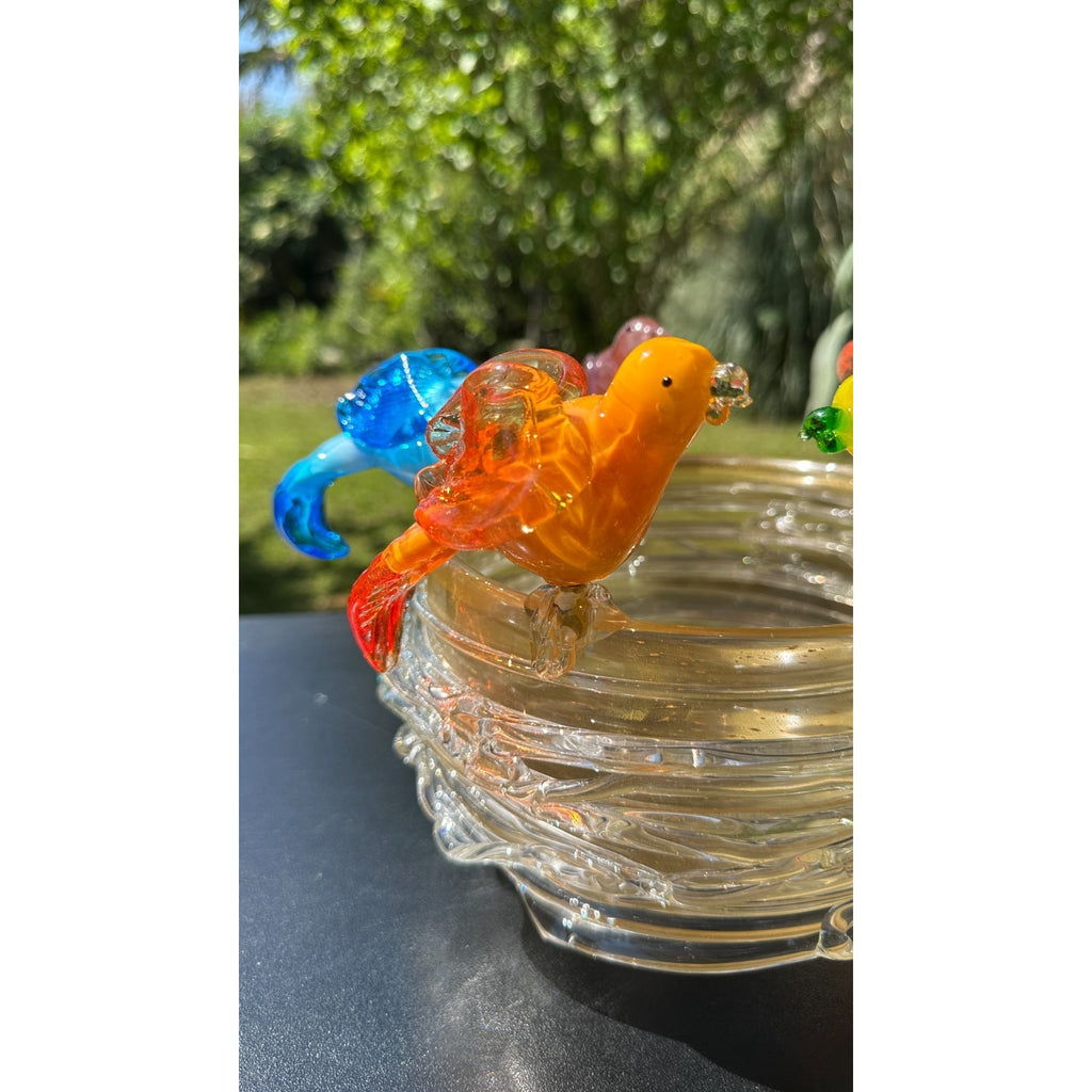 Murano Glass Bird Bath Nest Bowl 5 Multicolor Removable Songbirds Centerpiece