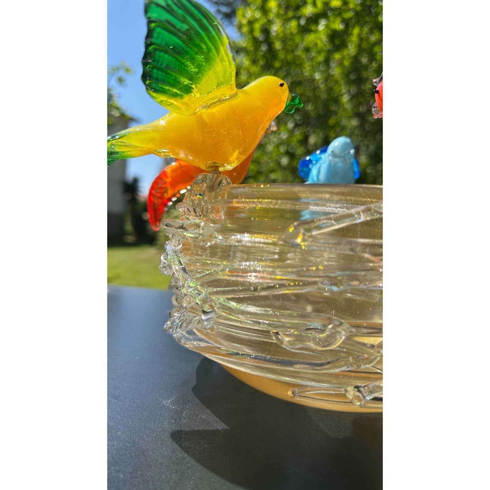 Murano Glass Bird Bath Nest Bowl 5 Multicolor Removable Songbirds Centerpiece