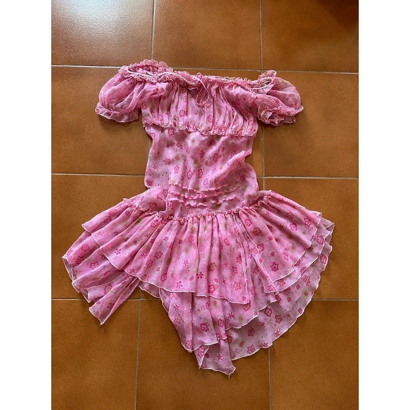 Vestito Vintage Fairycore Coquette in Seta Rosa a Balze Floreale Tg M