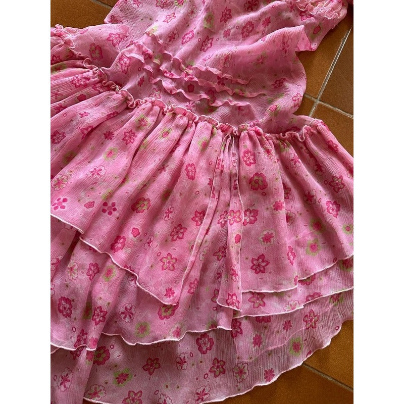 Vestito Vintage Fairycore Coquette in Seta Rosa a Balze Floreale Tg M