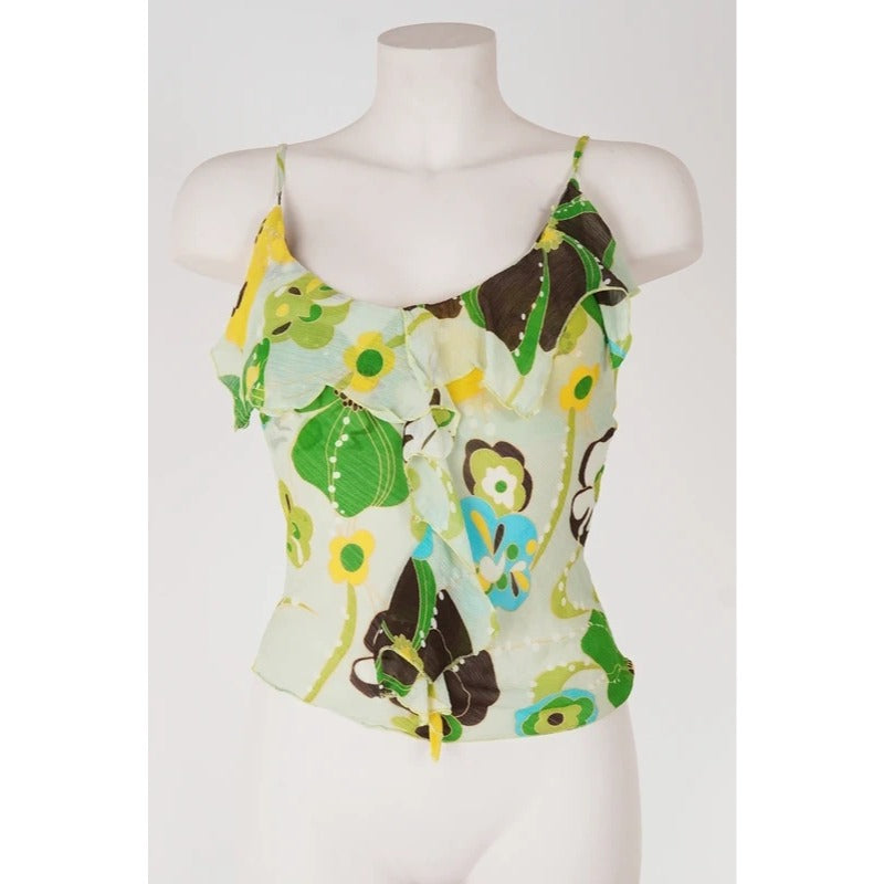 Top Vintage Seta Verde Floreale Y2K Fairycore Boho Coquette Volant S