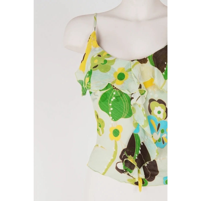 Top Vintage Seta Verde Floreale Y2K Fairycore Boho Coquette Volant S