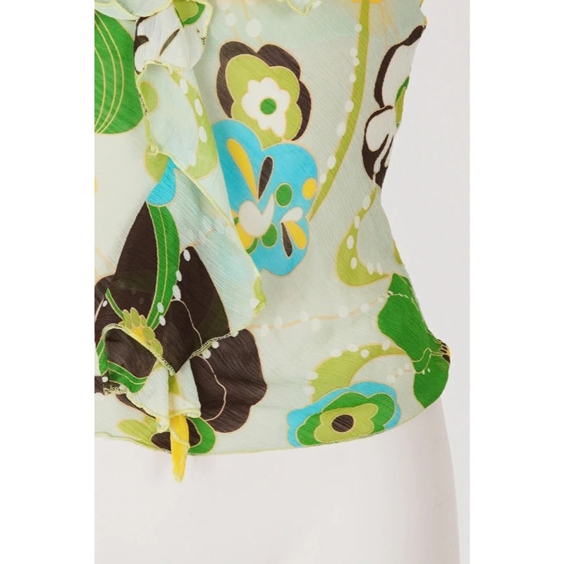 Top Vintage Seta Verde Floreale Y2K Fairycore Boho Coquette Volant S