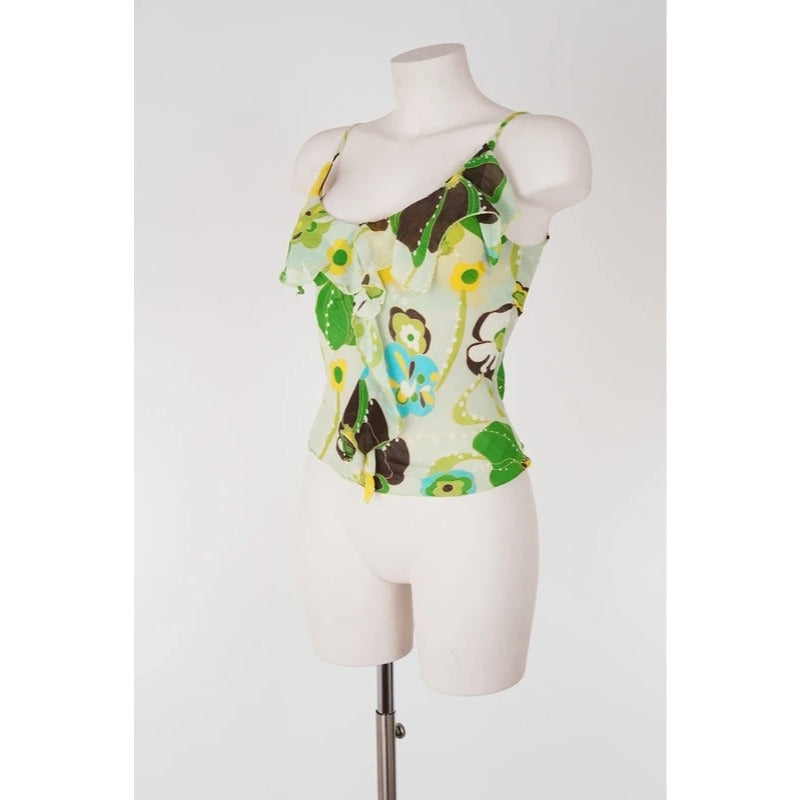 Top Vintage Seta Verde Floreale Y2K Fairycore Boho Coquette Volant S
