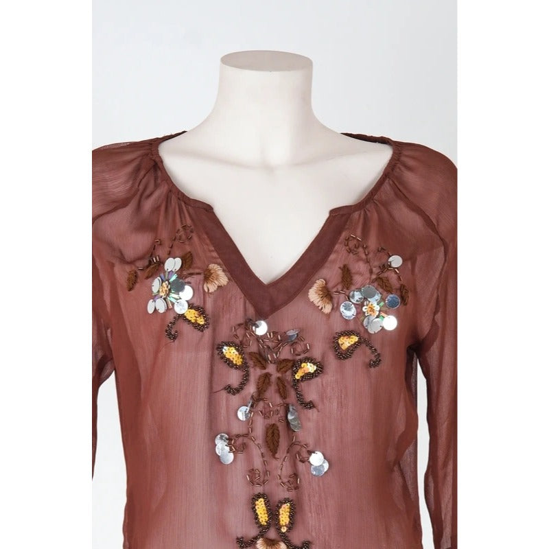 Blusa vintage Yes Miss seta misto ricami paillettes marrone taglia M