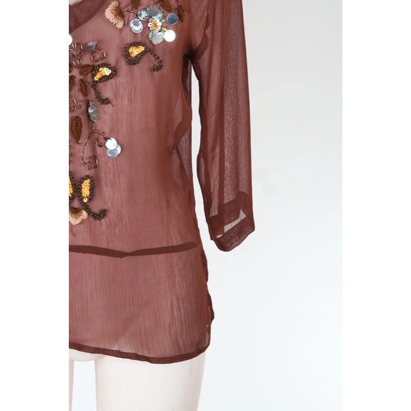 Blusa vintage Yes Miss seta misto ricami paillettes marrone taglia M