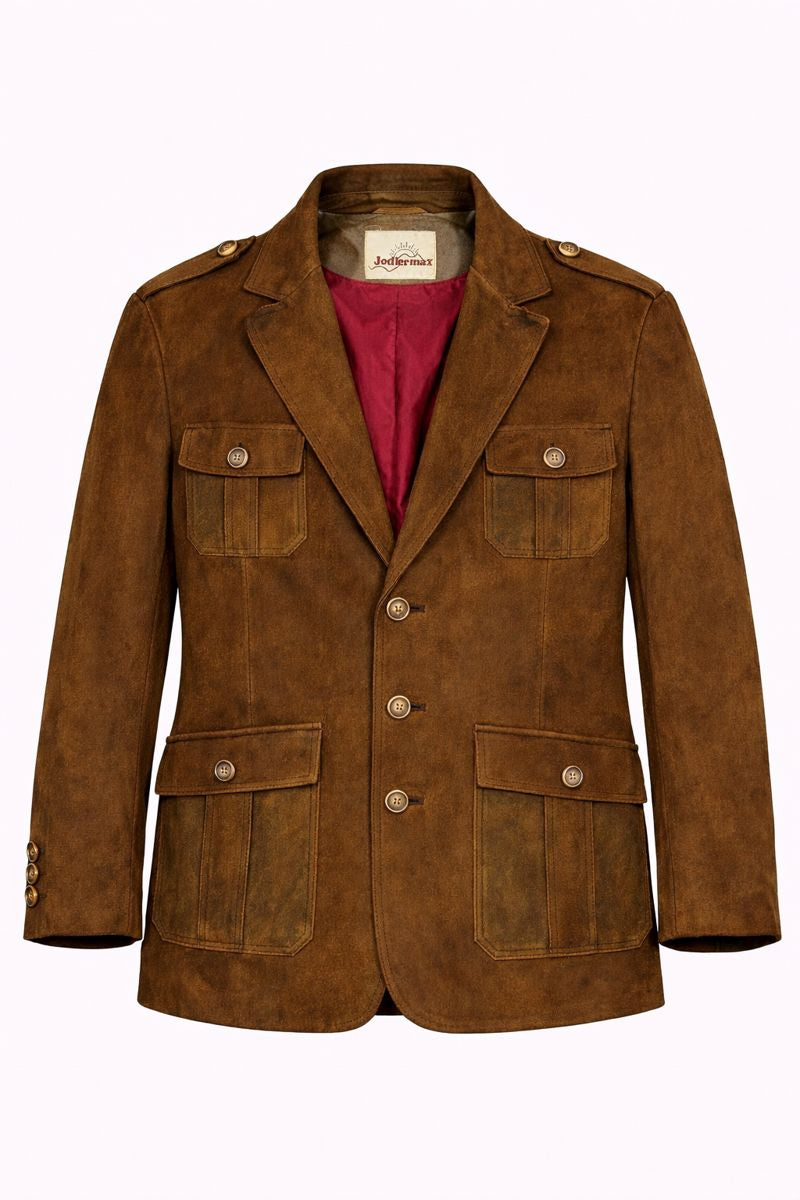 Jodlermarx Men’s Brown Suede Safari Jacket – Single-Breasted – Size M – Vintage