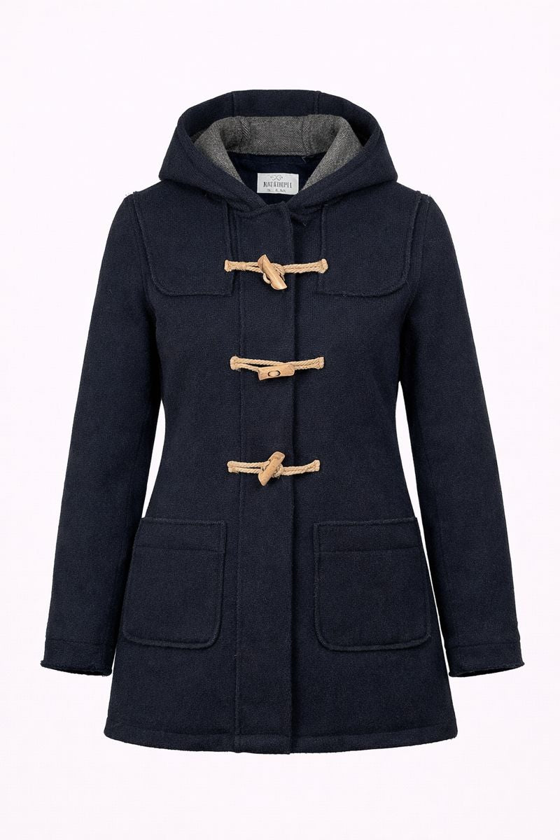 Women’s Wool Blend Duffle Coat – Navy Hooded Toggle Coat, Single-Breasted, Made in Italy Size M