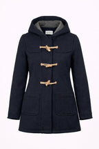 Women’s Wool Blend Duffle Coat – Navy Hooded Toggle Coat, Single-Breasted, Made in Italy Size M