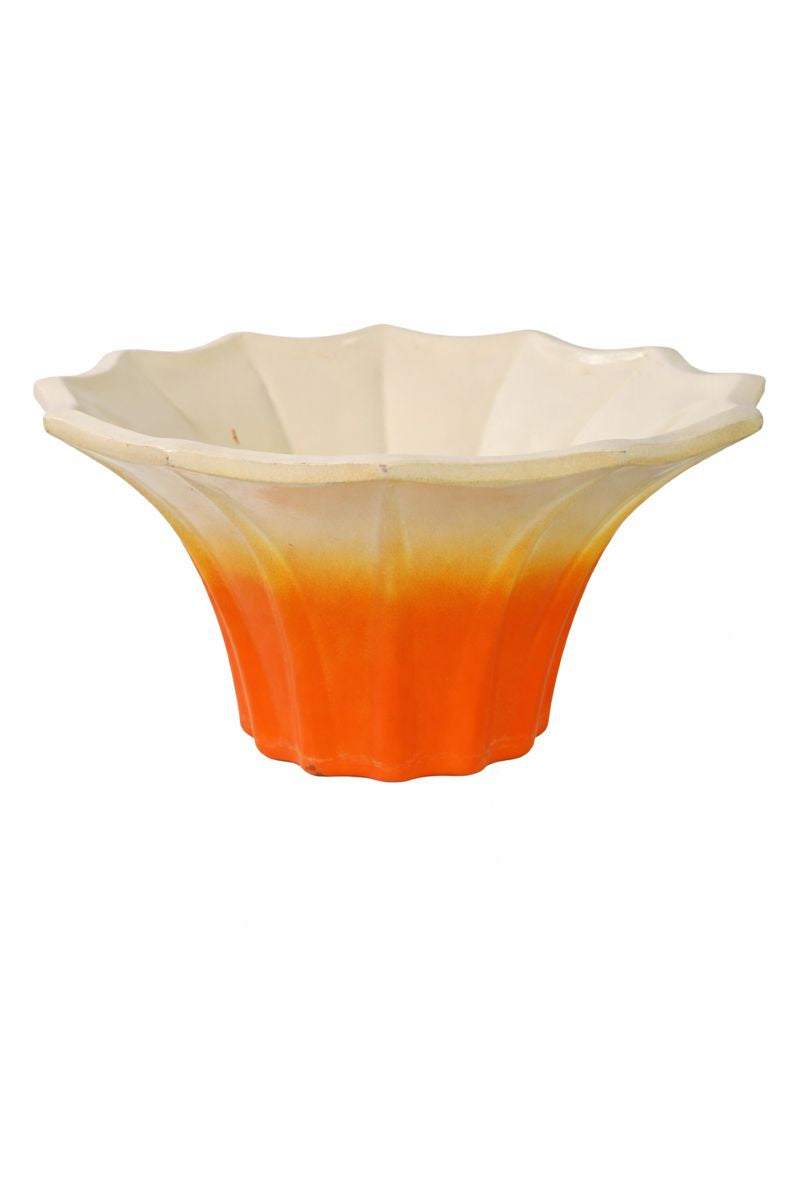 Vaso/ciotola in ceramica vintage – sfumatura da arancione a crema, bordo smerlato – Ø 28 cm