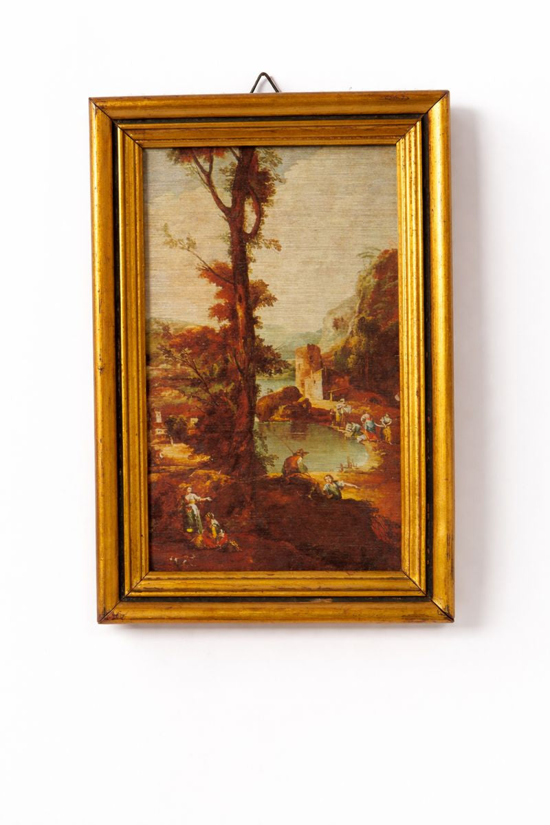 Stampa vintage di paesaggio italiano degli anni '80 - Made in Italy, cornice in legno dorato