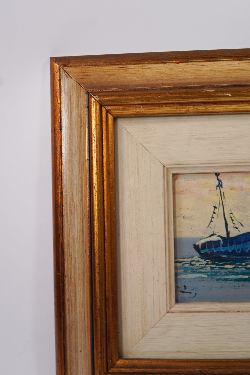 Dipinto nautico italiano d'epoca con barche da pesca - Incorniciato, anni '80, realizzato in Italia