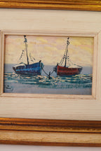 Dipinto nautico italiano d'epoca con barche da pesca - Incorniciato, anni '80, realizzato in Italia