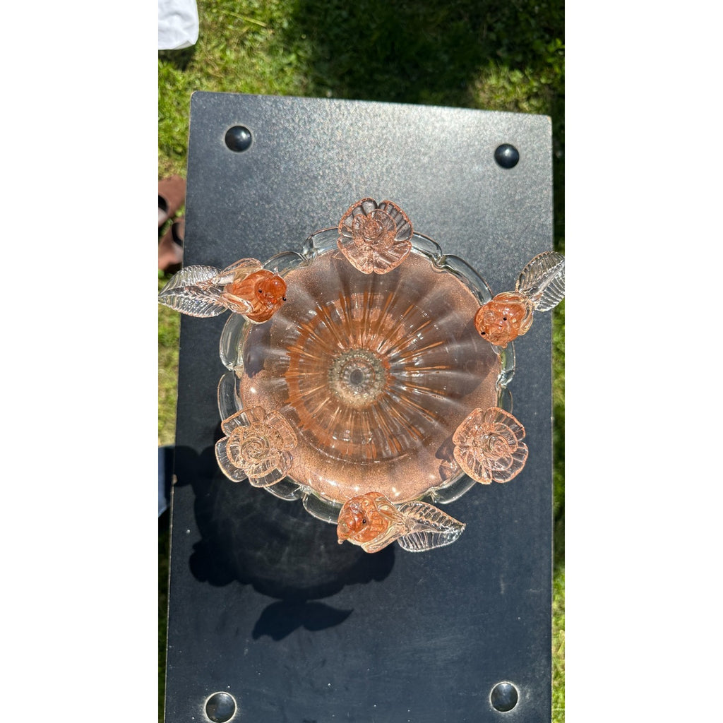 Murano Glass Bowl Pink Rose Gold Bird Bath Pedestal 3 Removable Birds