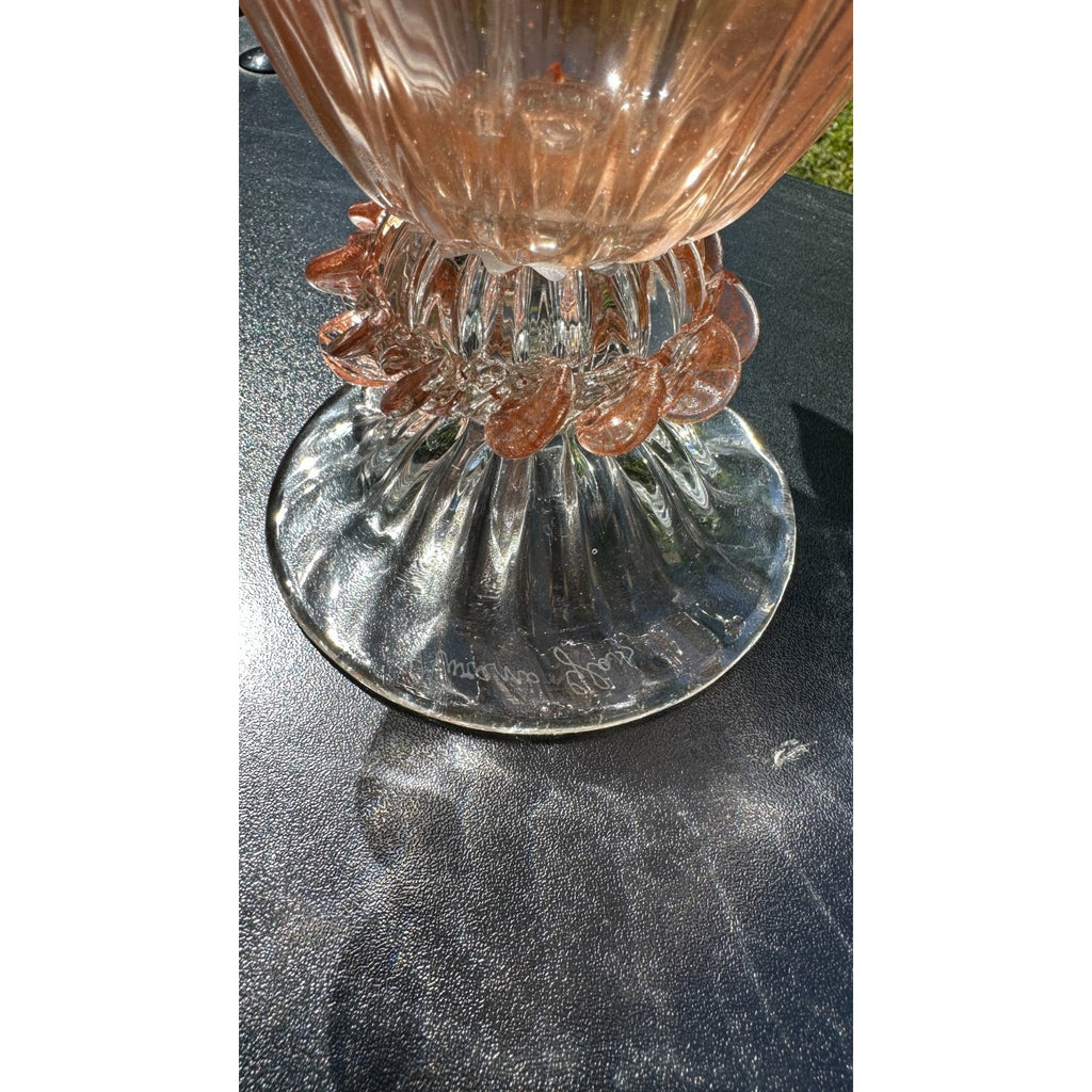 Murano Glass Bowl Pink Rose Gold Bird Bath Pedestal 3 Removable Birds