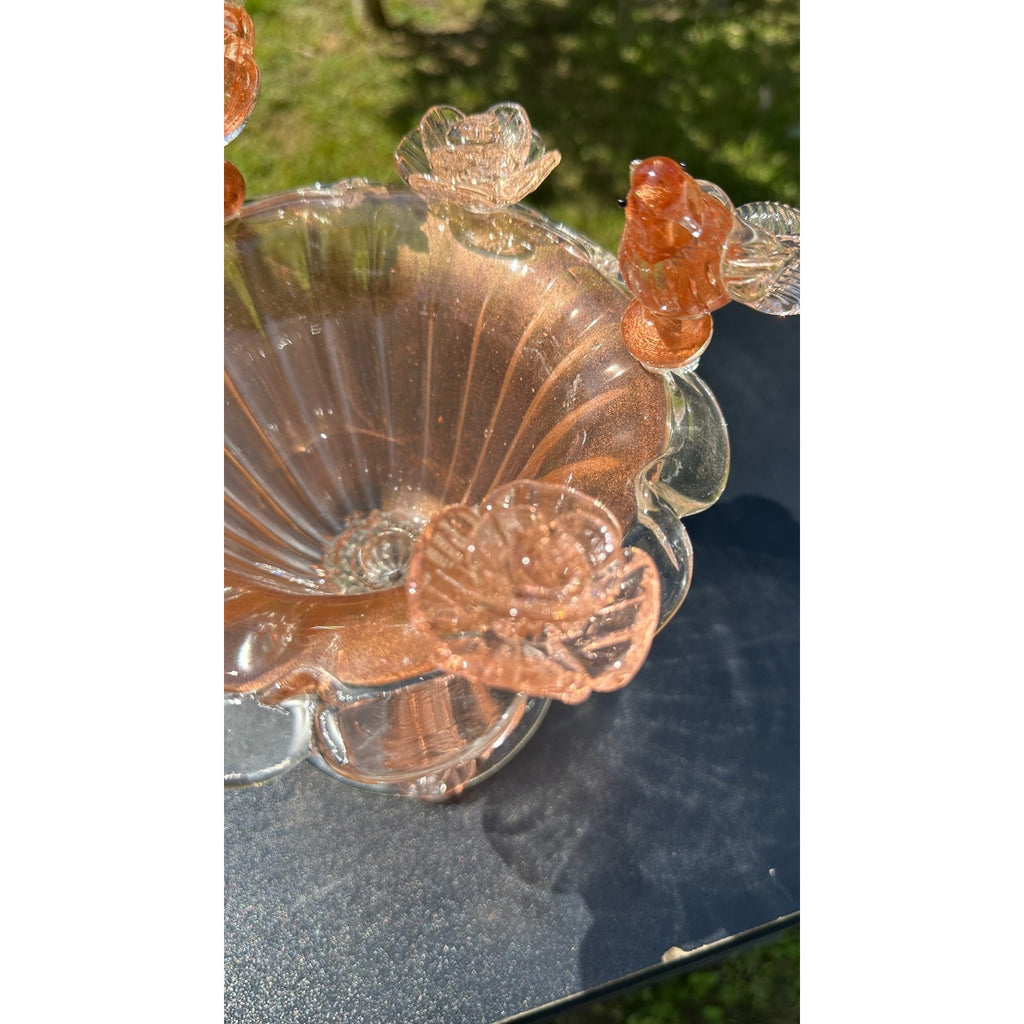 Murano Glass Bowl Pink Rose Gold Bird Bath Pedestal 3 Removable Birds