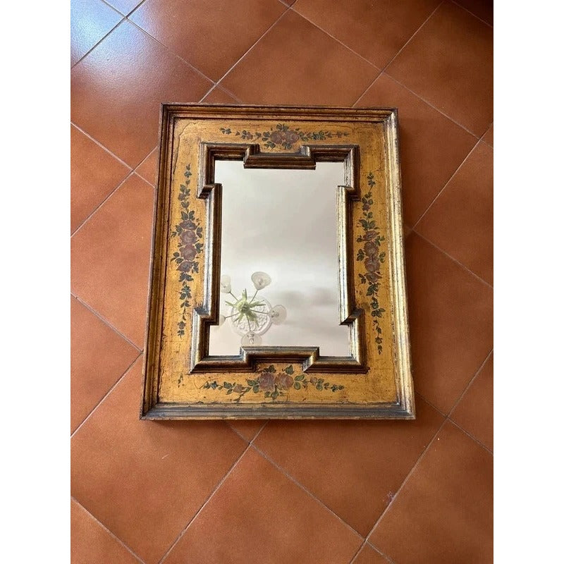 Specchio vintage cornice legno dorata dipinta floreale 80x63