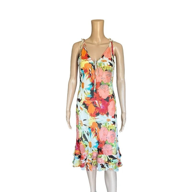 Abito vintage in seta floreale Made in Italy con balze taglia M