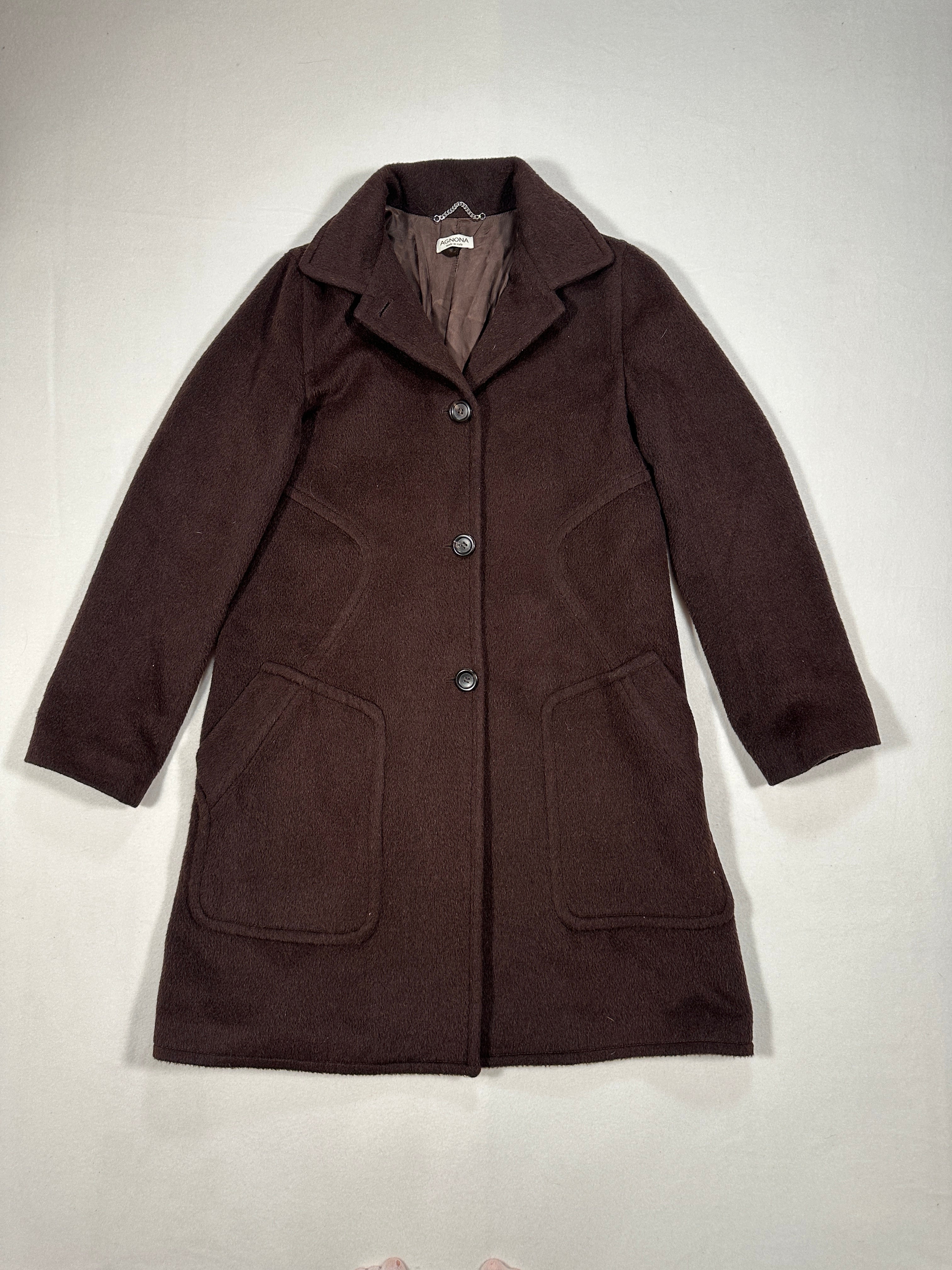 Cappotto da donna Agnona Vintage in lana marrone – Cappotto lungo monopetto sartoriale, prodotto in Italia (IT 40 / S)