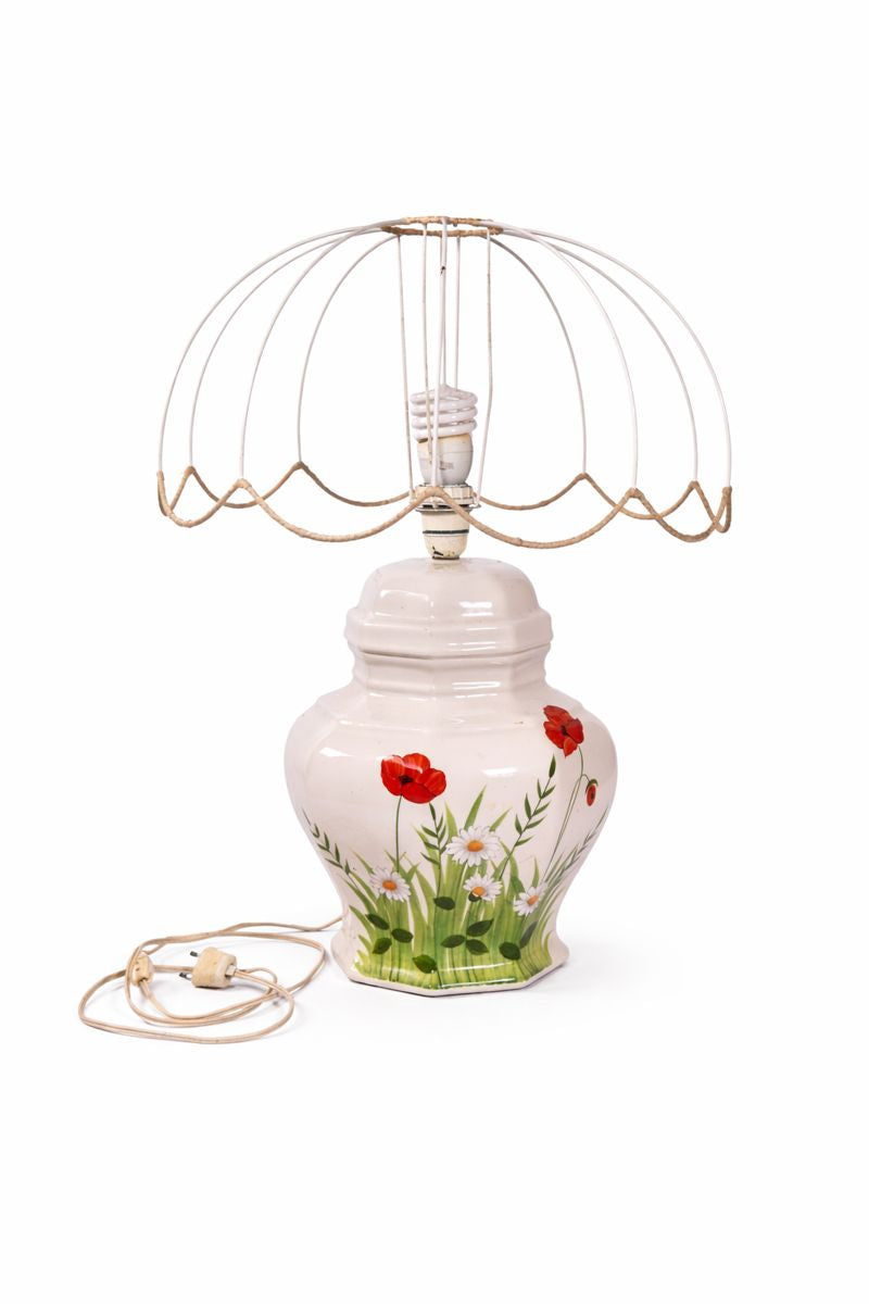 Lampada da tavolo vintage in ceramica italiana dipinta a mano di ESTE CE – Motivo floreale, realizzata in Italia (circa anni '60-'70)