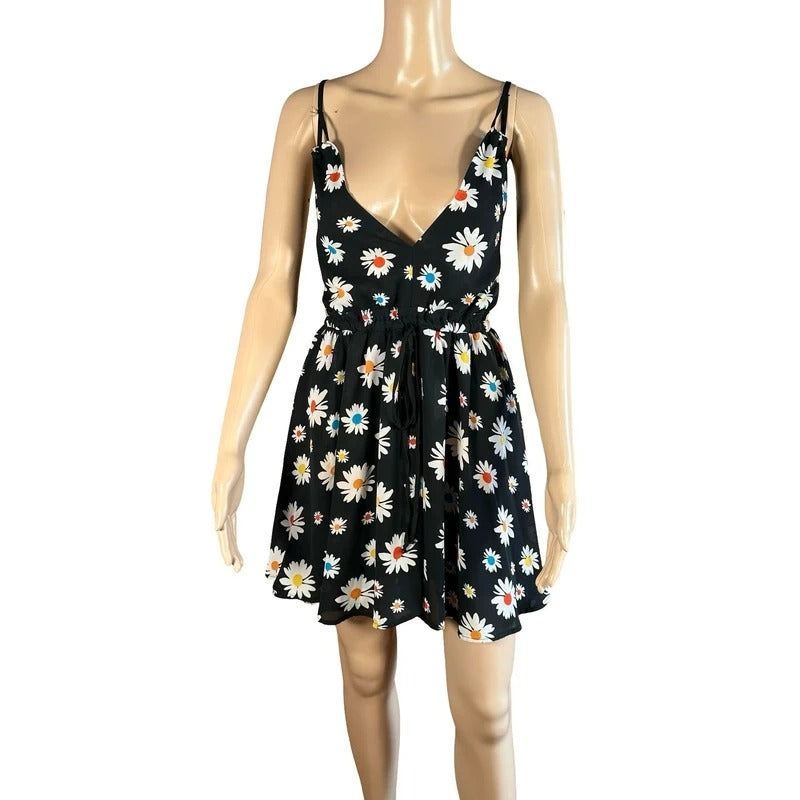 Vestito mini nero fantasia margherite Y2K cottagecore S/M