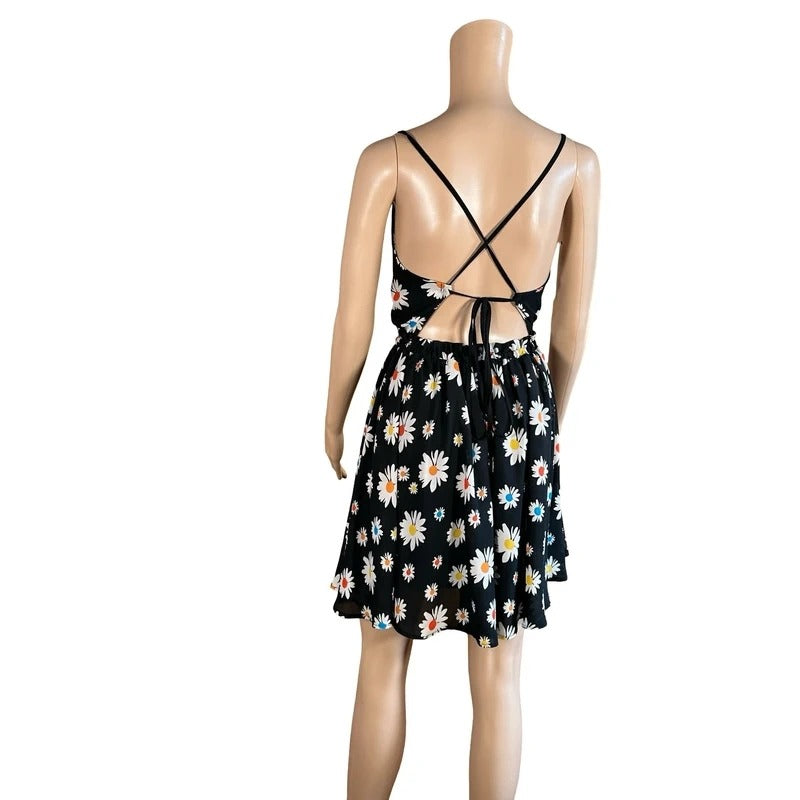 Vestito mini nero fantasia margherite Y2K cottagecore S/M