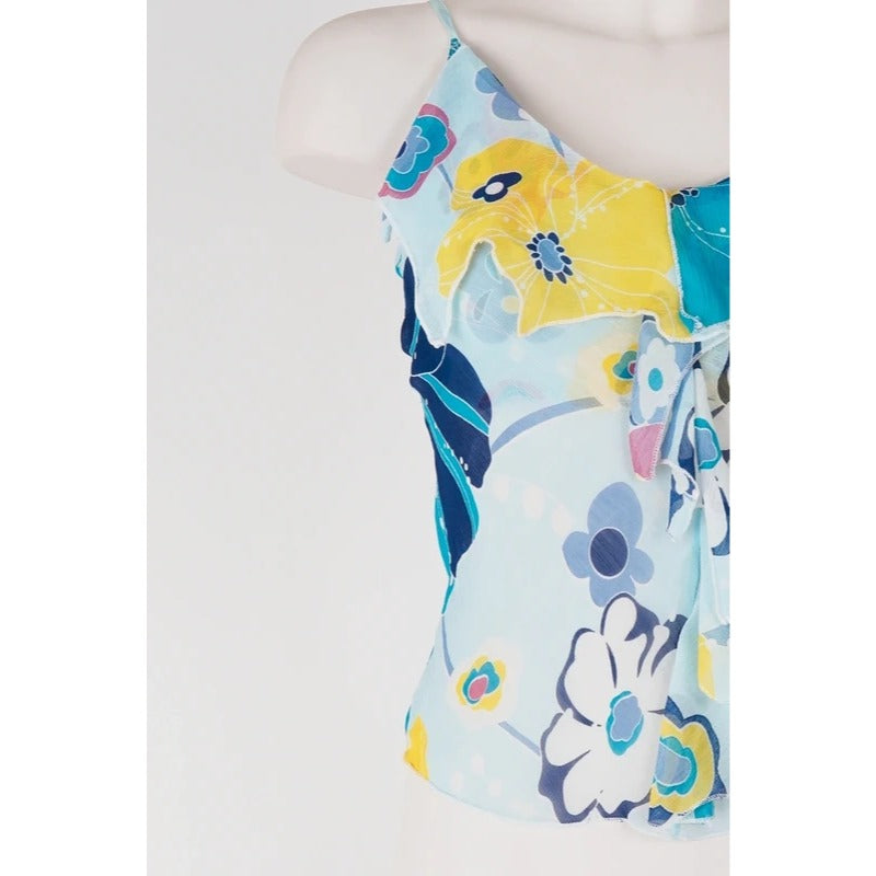 Top Vintage Seta Azzurro Floreale Y2K Fairycore Coquette Boho Volant S