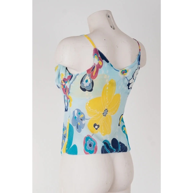 Top Vintage Seta Azzurro Floreale Y2K Fairycore Coquette Boho Volant S