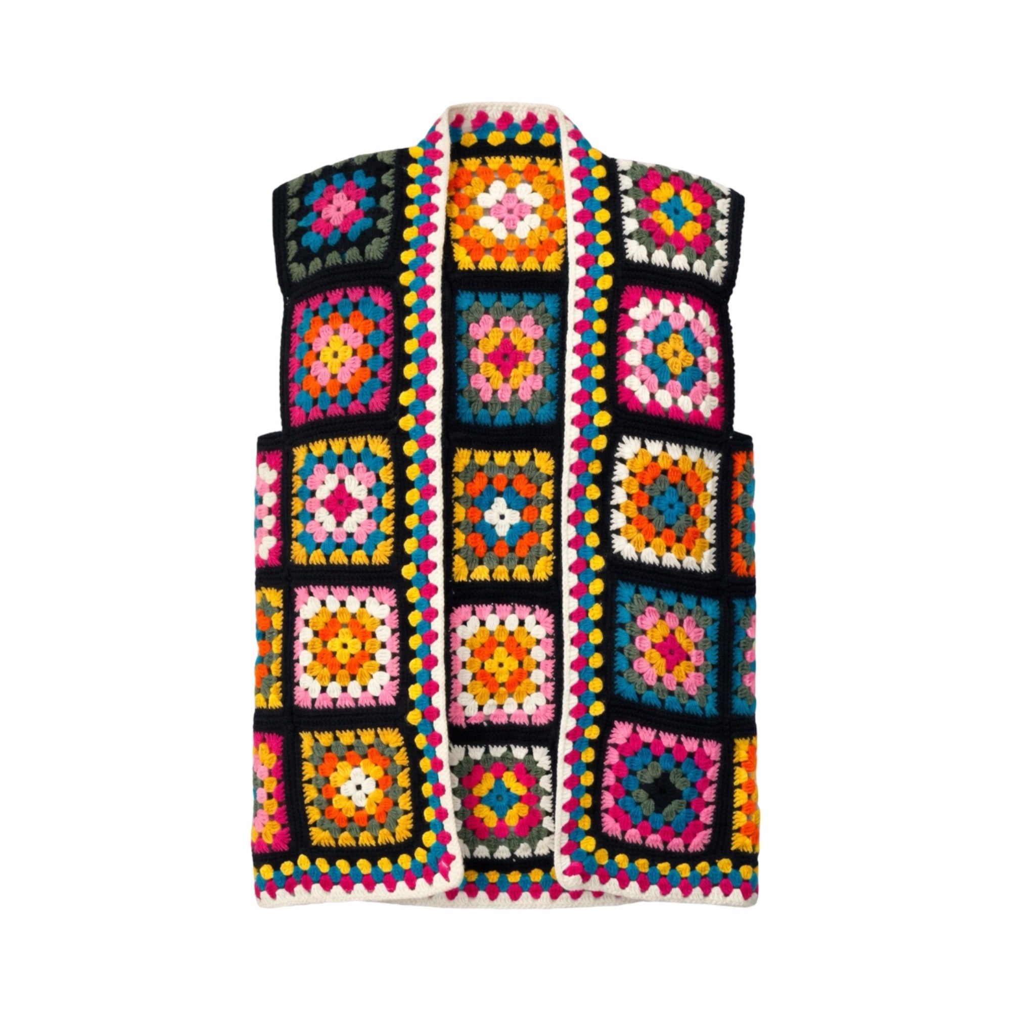 Vintage Handmade Crochet Granny Square Vest – Boho Folk Patchwork