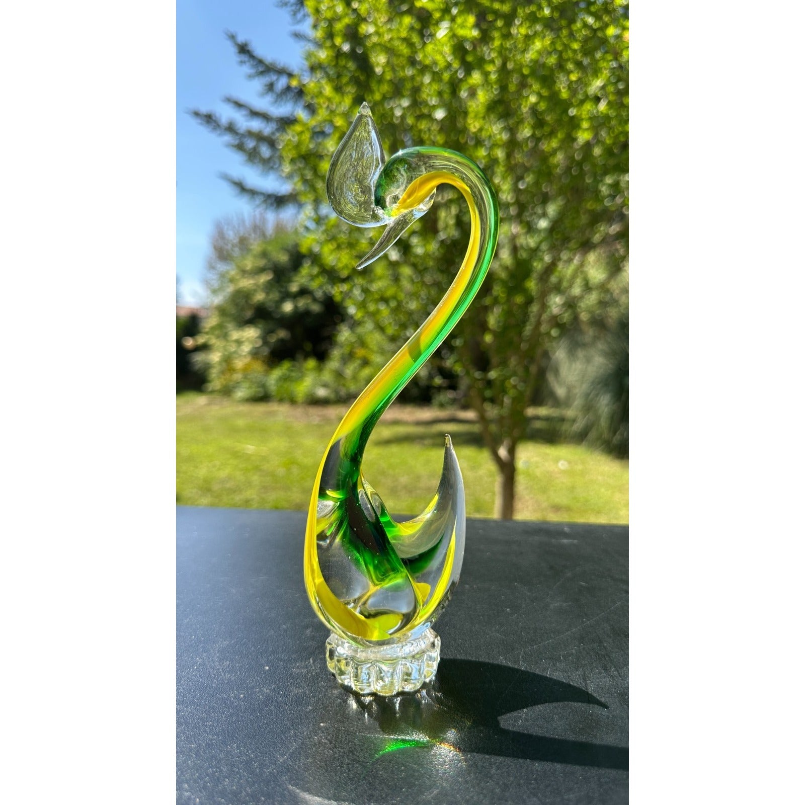 Murano Glass Yellow Green Swan Figurine Hand Blown Art Glass Sculpture Italy