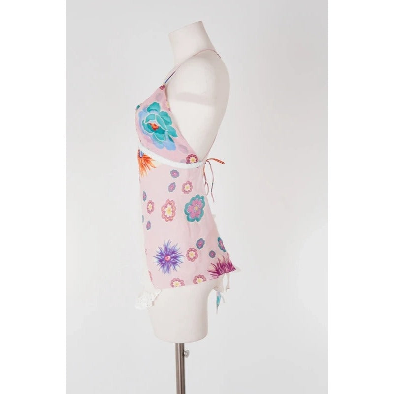 Top Vintage Y2K Seta Rosa Floreale Fairycore Coquette Schiena Aperta S