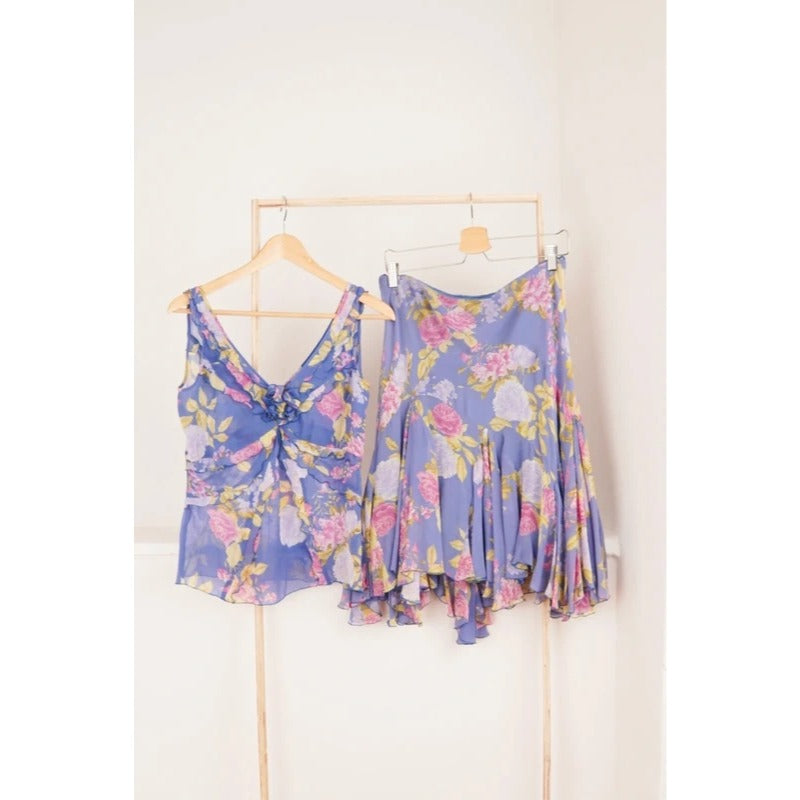 Vintage Luisa Spagnoli Set Seta Top Gonna Floreale Lilla Donna M