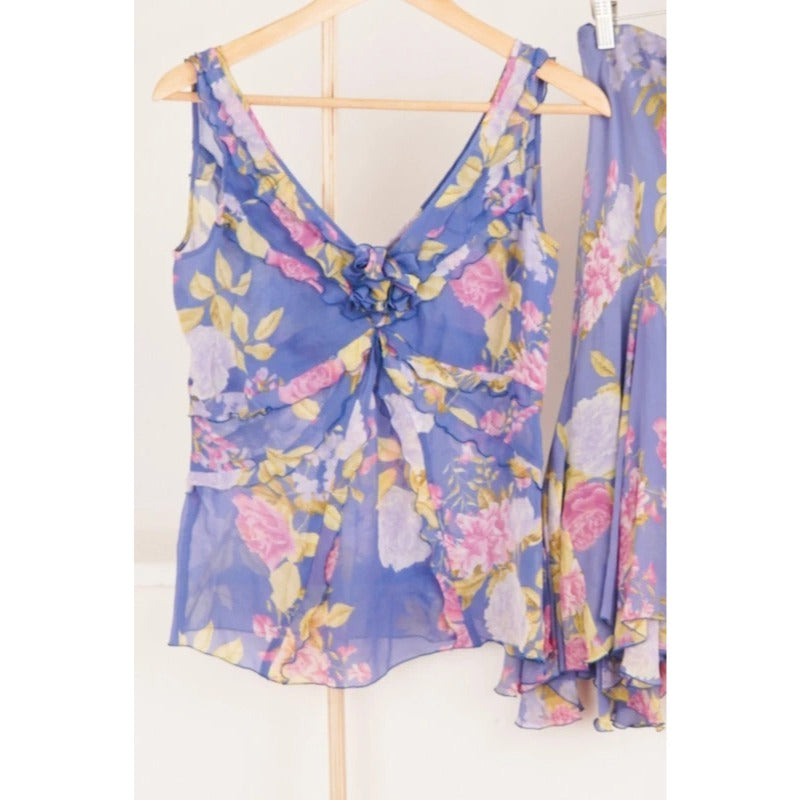 Vintage Luisa Spagnoli Set Seta Top Gonna Floreale Lilla Donna M