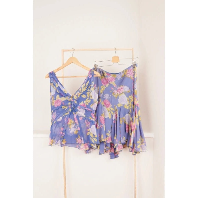 Vintage Luisa Spagnoli Set Seta Top Gonna Floreale Lilla Donna M