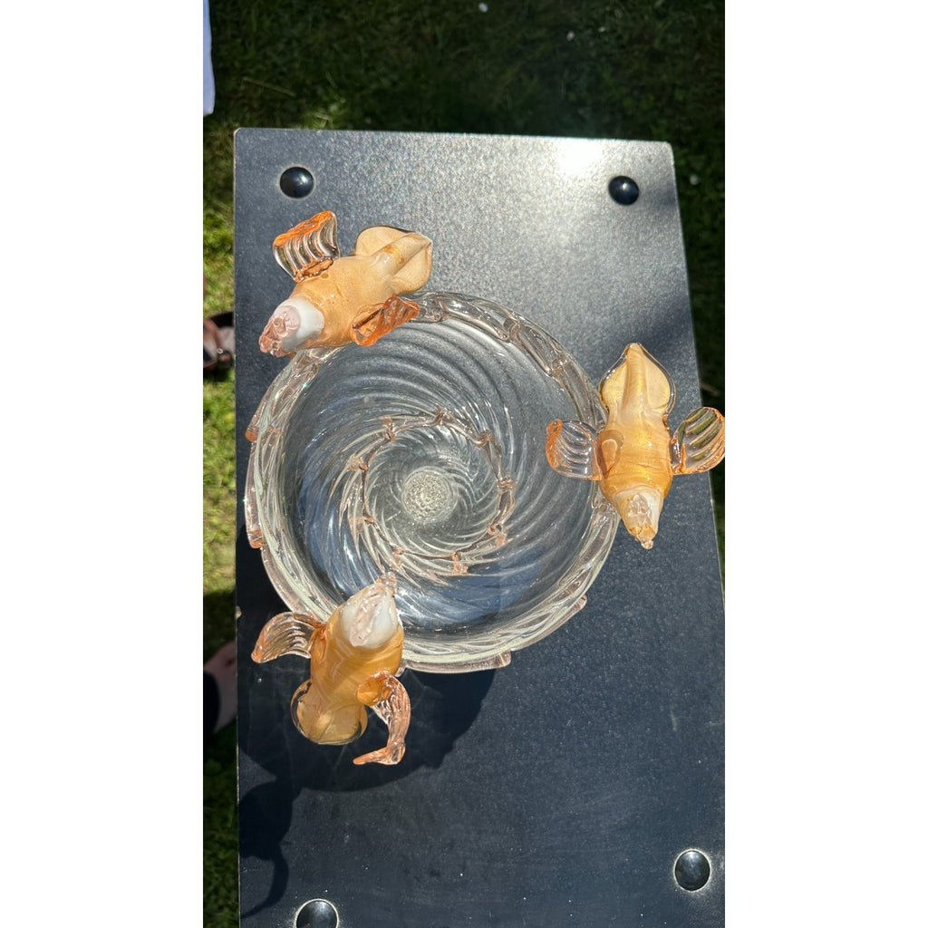 Murano Glass Clear Amber Gold Bird Bath Pedestal Bowl 3 Removable Birds Signed