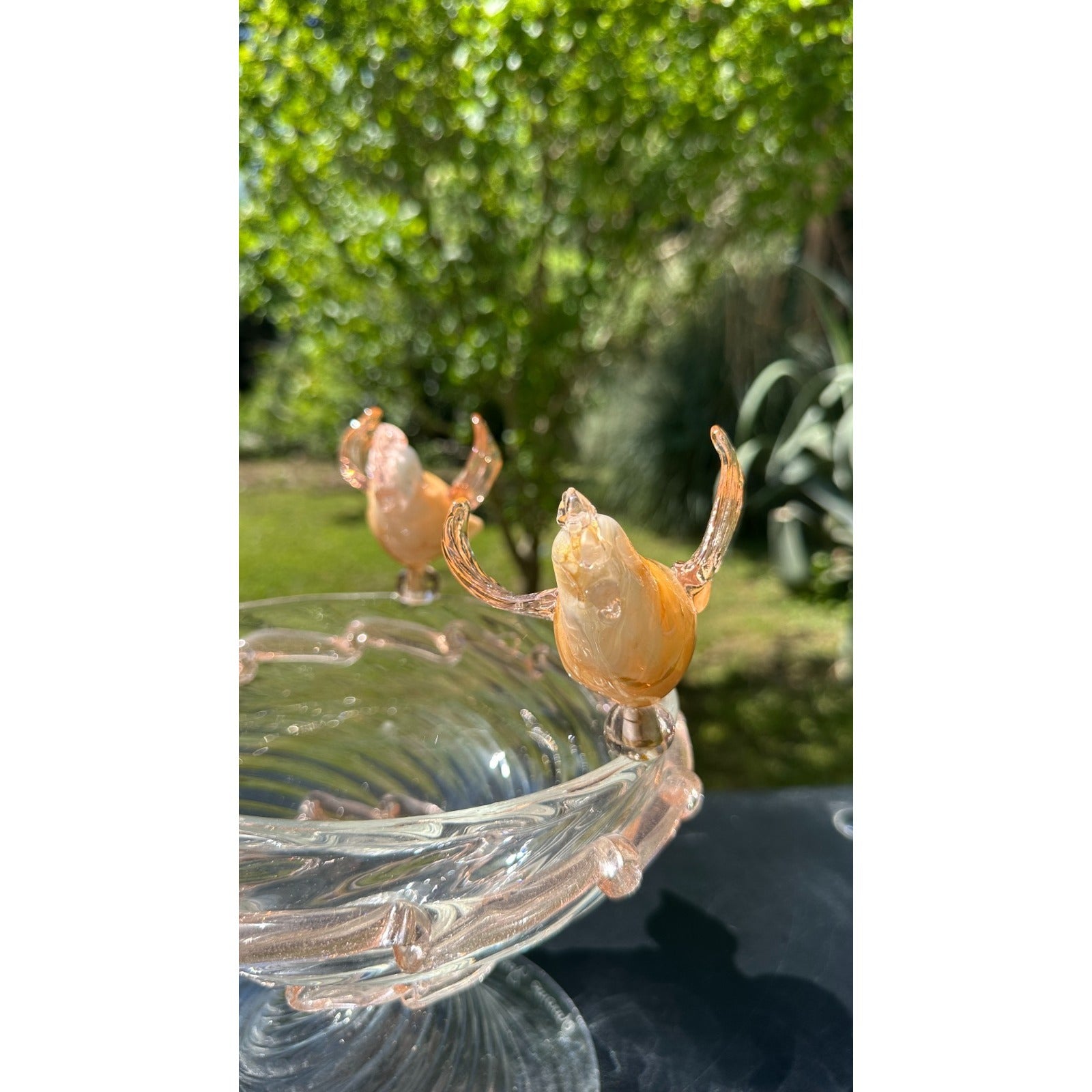 Murano Glass Clear Amber Gold Bird Bath Pedestal Bowl 3 Removable Birds Signed