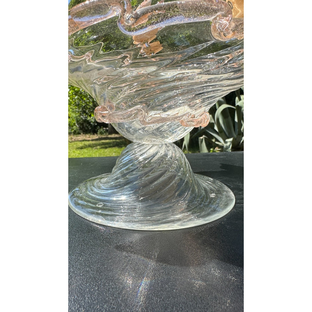 Murano Glass Clear Amber Gold Bird Bath Pedestal Bowl 3 Removable Birds Signed