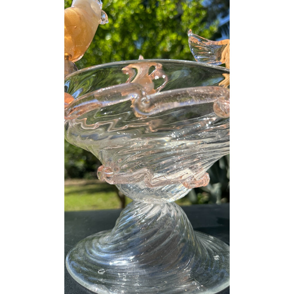 Murano Glass Clear Amber Gold Bird Bath Pedestal Bowl 3 Removable Birds Signed